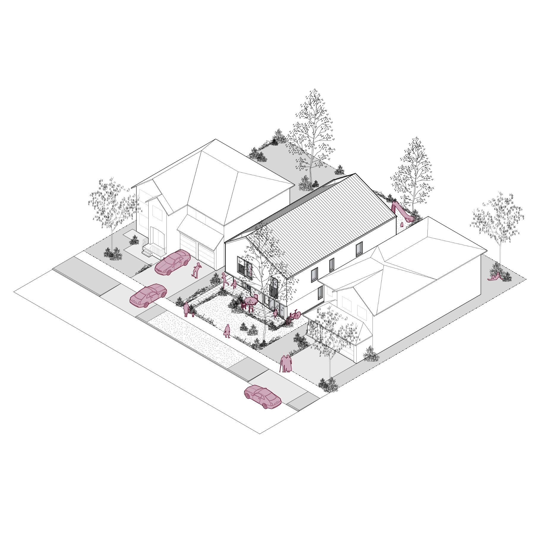 Rendu filaire 3D d’un quadruplex, d’une superficie d’environ 161,5 mètres carrés (1 738 pieds carrés). L’image montre l’immeuble de deux étages dans un quartier.